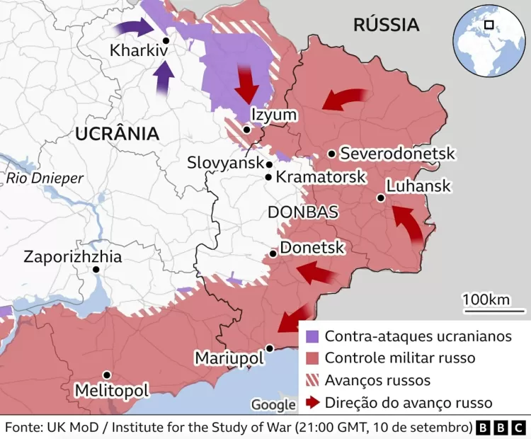 O Ministério da Defesa da Rússia confirmou a retirada de suas forças de Izyum (como visto no mapa acima) e Kupiansk, para que as tropas pudessem 'se recompor'; em território controlado por separatistas apoiados por Moscou. - BBC - BBC