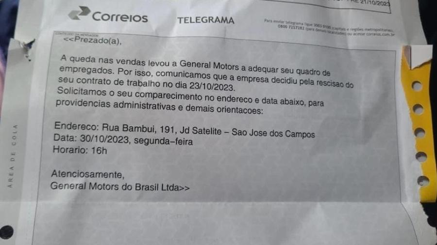 Telegrama de demissão enviado pela General Motors