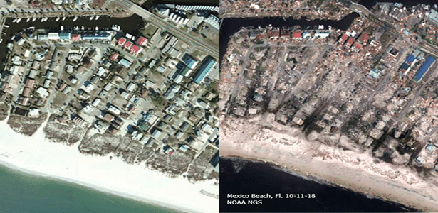 Área de Mexico Beach, na Flórida, antes e depois da passagem do furacão Michael - NOAA