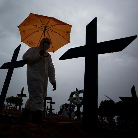 25.fev.21 - Funcionário passa em meio a sepulturas em cemitério de Manaus - Michel Dantas - AFP