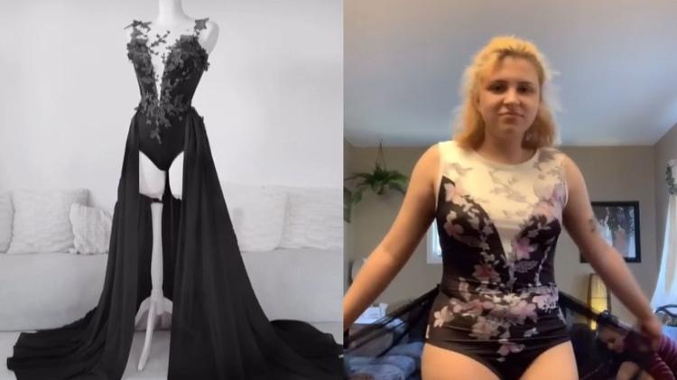 Lilly ficou chocada ao receber e experimentar o vestido que havia comprado - Reprodução/TikTok/Montagem/UOL - Reprodução/TikTok/Montagem/UOL