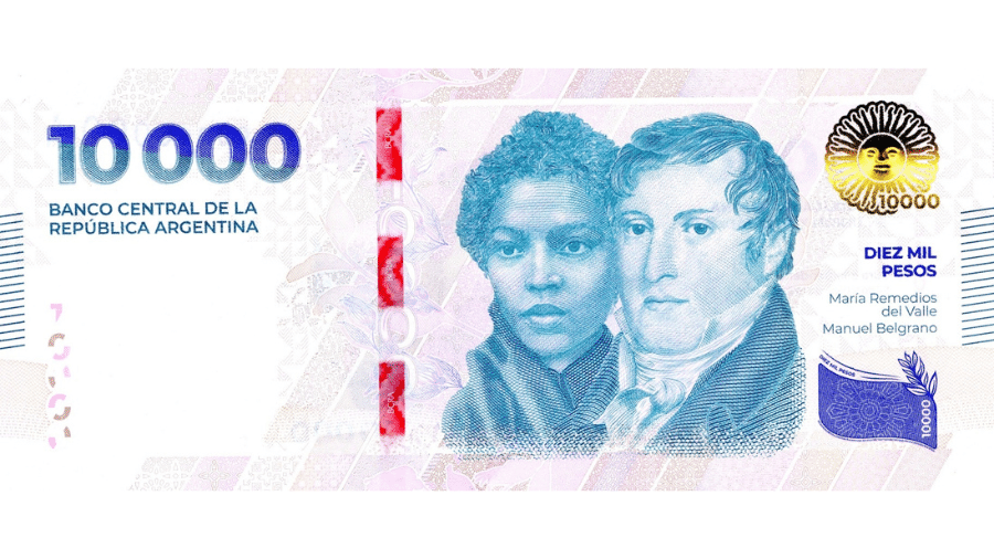 María Remedios del Valle estampa nota de 10 mil pesos argentinos