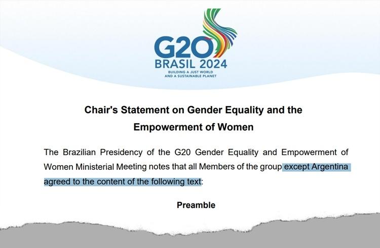 Trecho de documento de reunião do G20 sobre empoderamento das mulheres, ao qual Argentina não aderiu 