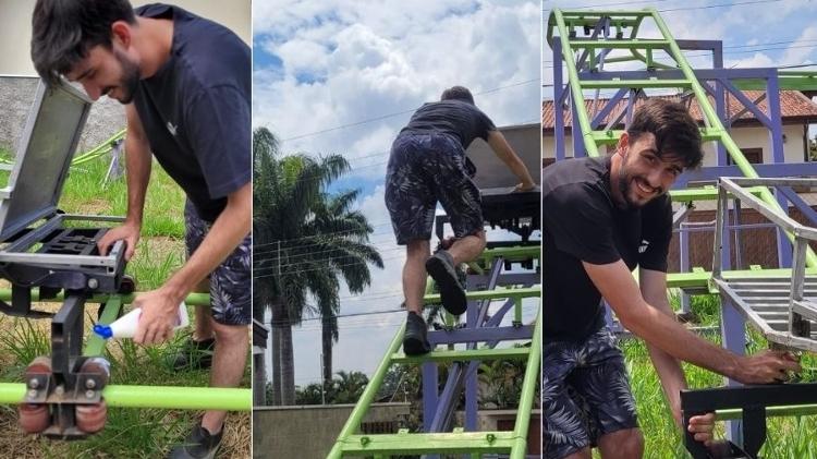 Na visita da reportagem, o equipamento estava com o motor quebrado e foi preciso empurrar o carrinho e lubrificar os trilhos com lustra móveis Na visita da reportagem, o equipamento estava com o motor quebrado e foi preciso empurrar o carrinho e lubrificar os trilhos com lustra móveis
