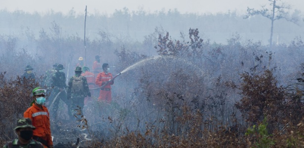 Bombeiros trabalham para tentar apagar o incêndio que atinge a floresta do distrito de Banjar, na ilha do Bornéu - AFP