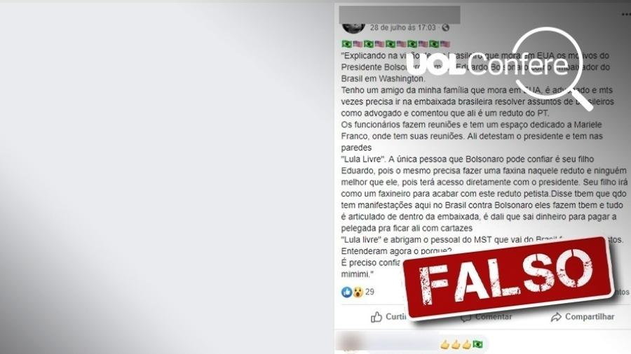 5.ago.2019 - Corrente espalha informação falsa de que embaixada do Brasil em Washington é "reduto do PT" - Arte/UOL