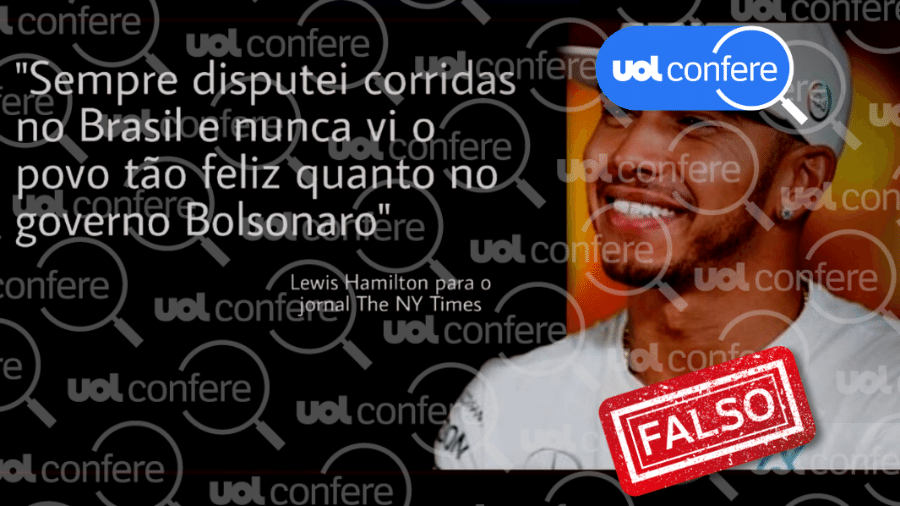 16.nov.2021 - Post inventa suposta declaração de apoio a Bolsonaro feita por Lewis Hamilton - Arte/UOL sobre Reprodução/Twitter @jac_bolsonaro