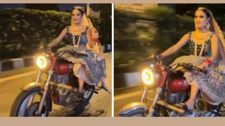 Vaishali Chaudhary viralizou na internet ao chegar no casamento pilotando moto - Reprodução/Twitter