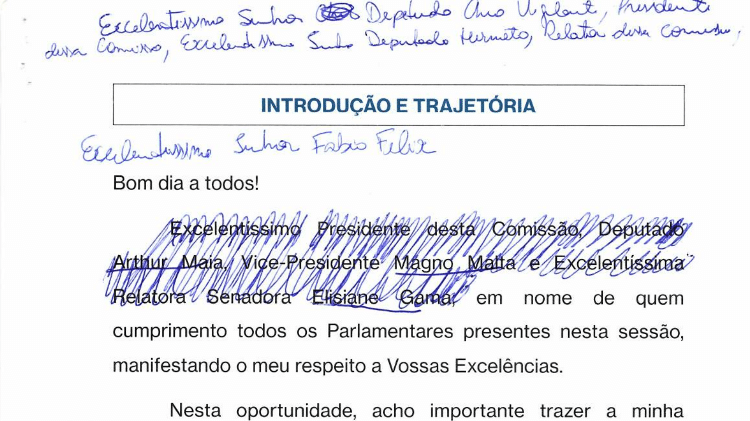 Cid leu o mesmo documento utilizado na CPI do 8 de Janeiro, com o primeiro parágrafo riscado com os cumprimentos ao presidente da comissão