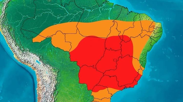 Mapa indica que onda de calor vai fever a região central do Brasíl