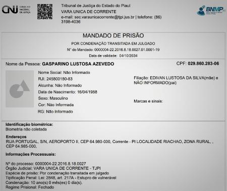 Cópia do mandado de prisão contra Gasparino 