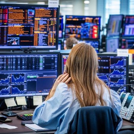 Funcionários na sala de negociação da Nordea Markets acompanham a turbulência e as quedas acentuadas do mercado de ações em Oslo, Noruega, em 7 de abril de 2025 Funcionários na sala de negociação da Nordea Markets acompanham a turbulência e as quedas acentuadas do mercado de ações em Oslo, Noruega, em 7 de abril de 2025
