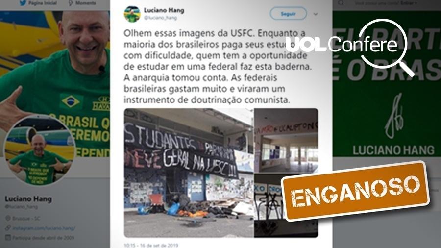 24.set.2019 - Post enganoso associa foto de lixo e entulho a baderna feita por estudantes na UFSC (Universidade Federal de Santa Catarina) - Arte/UOL