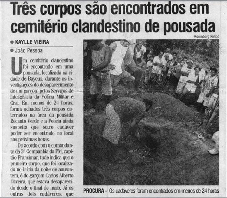 Página do Jornal da Paraíba, que noticiou a localização de ossadas na "pousada da morte" - Reprodução/ Jornal da Paraíba - Reprodução/ Jornal da Paraíba