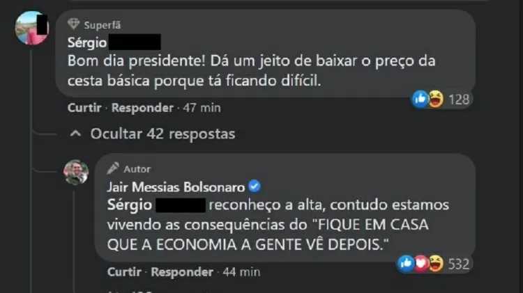 Jair Bolsonaro responde internauta que reclamou do preço da cesta básica. Foto: Reprodução/Facebook - Reprodução/Facebook - Reprodução/Facebook