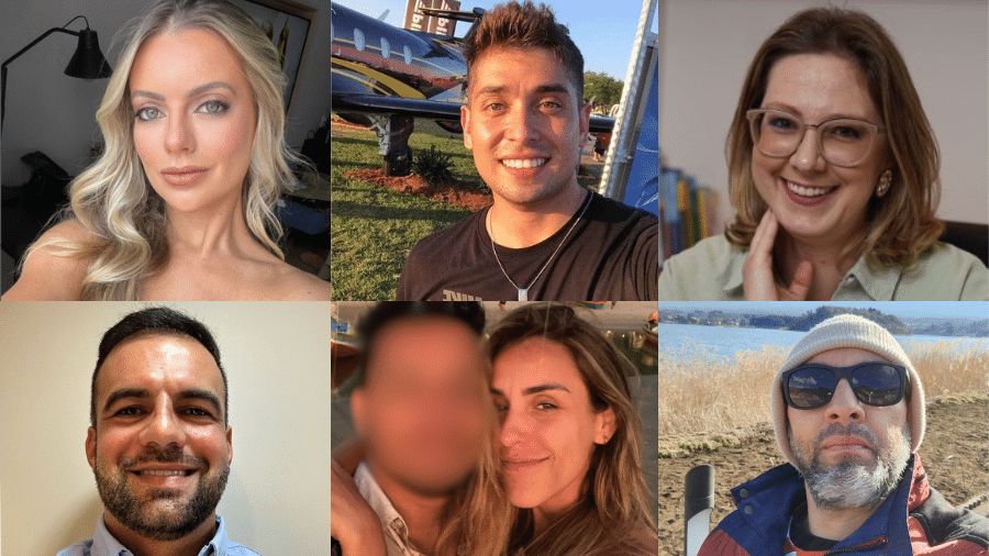 Vítimas que estavam na aeronave que caiu em Vinhedo, em SP (de cima para baixo e da esquerda para a direita): Advogada Laiana Vasatta; piloto Danilo Santos Romano, 35; imunologista Sarah Sella Langer; Hiales Fodra; Débora Soper Ávila (tripulação) e Adriano Daluca Bueno