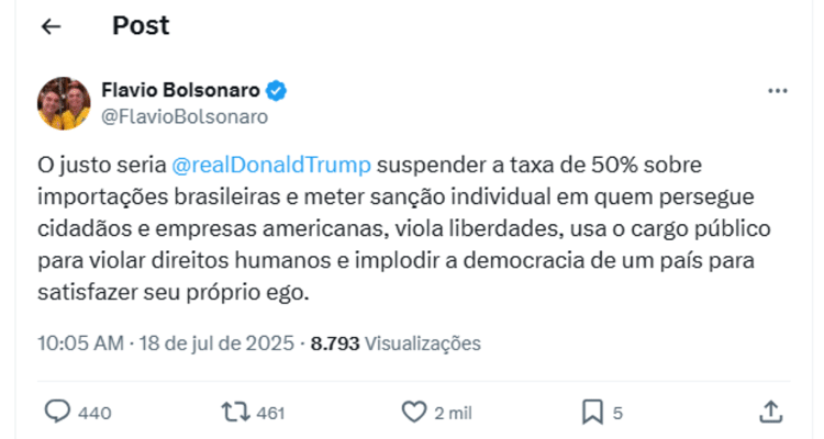 Flávio Bolsonaro fez publicação pedindo revisão de Trump a decisões, e apagou depois Flávio Bolsonaro fez publicação pedindo revisão de Trump a decisões, e apagou depois