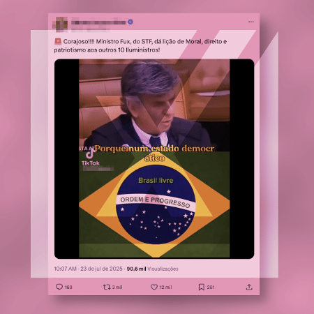 29.jul.2025 -  A publicação une dois vídeos de ocasiões diferentes, um de cada ministro, e tira as falas de contexto para dar a ideia de que Fux estava respondendo Moraes.