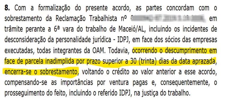 Trecho do acordo na Justiça de tarablho de Alagoas que cita execução por atraso acima de 30 dias