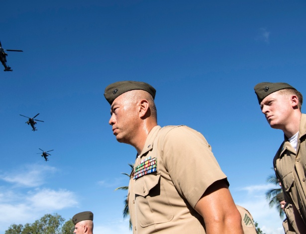 Membros do Terceiro Batalhão da Quarta Marina dos EUA, em parada militar em Darwin, na Austrália - DAVID DARE PARKER/NYT