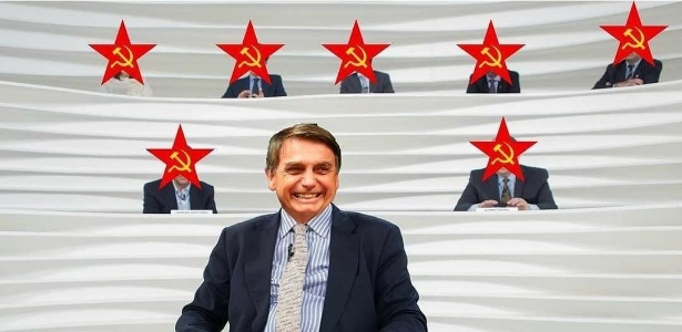Meme do candidato Jair Bolsonaro (PSL) durante o programa Roda Viva, da TV Cultura; para militantes, jornalistas da Folha, Estadão, Valor, O Globo e Veja são "de esquerda"