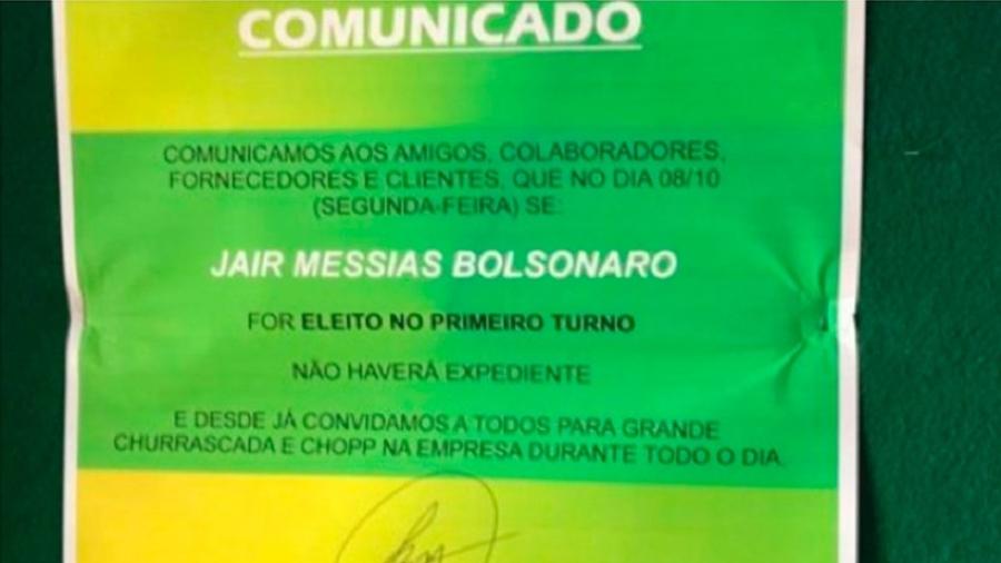 Justiça condenou empresa que prometeu folga, churrasco e chope caso Jair Bolsonaro fosse eleito presidente da República - Divulgação/FECESC