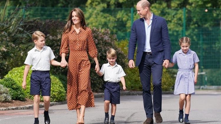 Prince George, Louis and Princess Charlotte walk hand in hand with their parents the Duke and Duchess of Cornwall and Cambridge on the first day of school - PA Media - PA Media