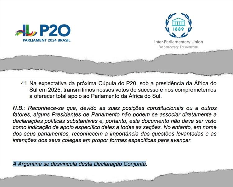 Trecho de documento final da reunião de parlamentares do G20 em que a Argentina se desvincula do teor do texto