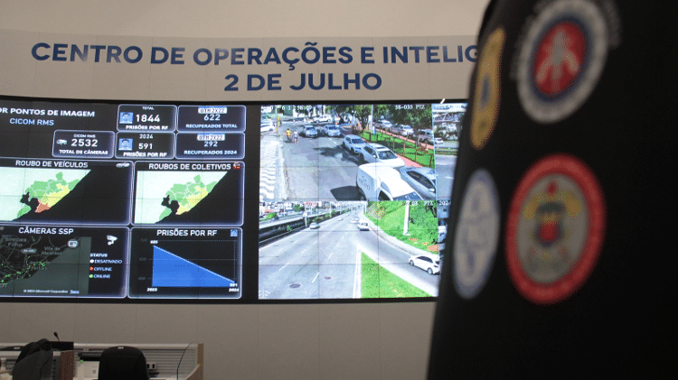 Centro de Operações e Inteligência 2 de Julho, da Bahia, mostra pessoas detectadas por sistema de reconhecimento facial