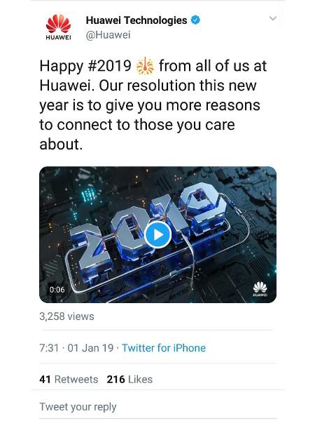 Mensagem da Huawei publicada no Twitter indicava que o celular usado havia sido um iPhone - Reprodução/Twitter