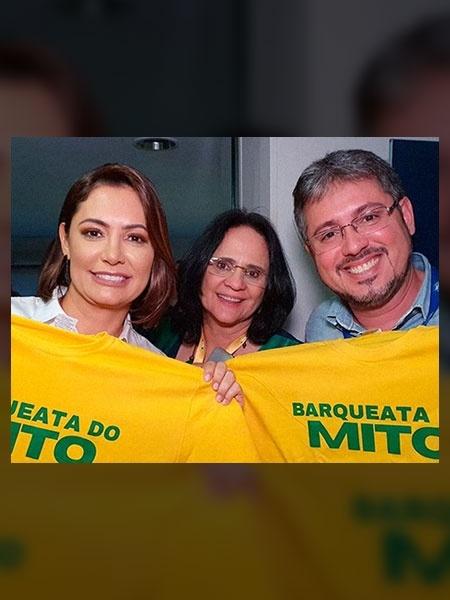 Michelle Bolsonaro, Damares Alves e o vice-prefeito de Angra, Christiano Alvernaz, promovem a "Barqueata do Mito" - Reprodução/Rede Social