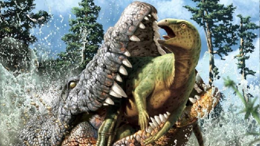 Imagem ilustrada do confractosuchus sauroktonos caçando dinossauro - Divulgação/Australian Age of Dinosaurs Museum