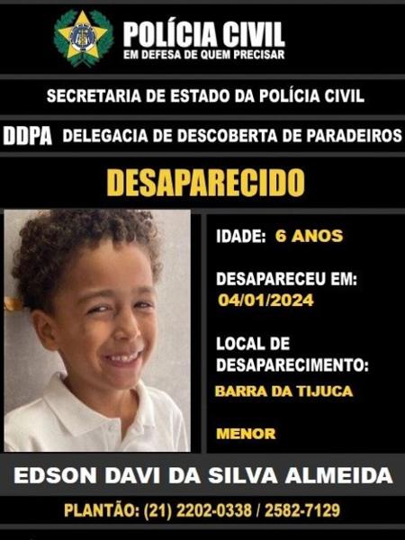 O menino Édson Davi da Silva Almeida, de 6 anos, sumiu na praia da Barra da Tijuca