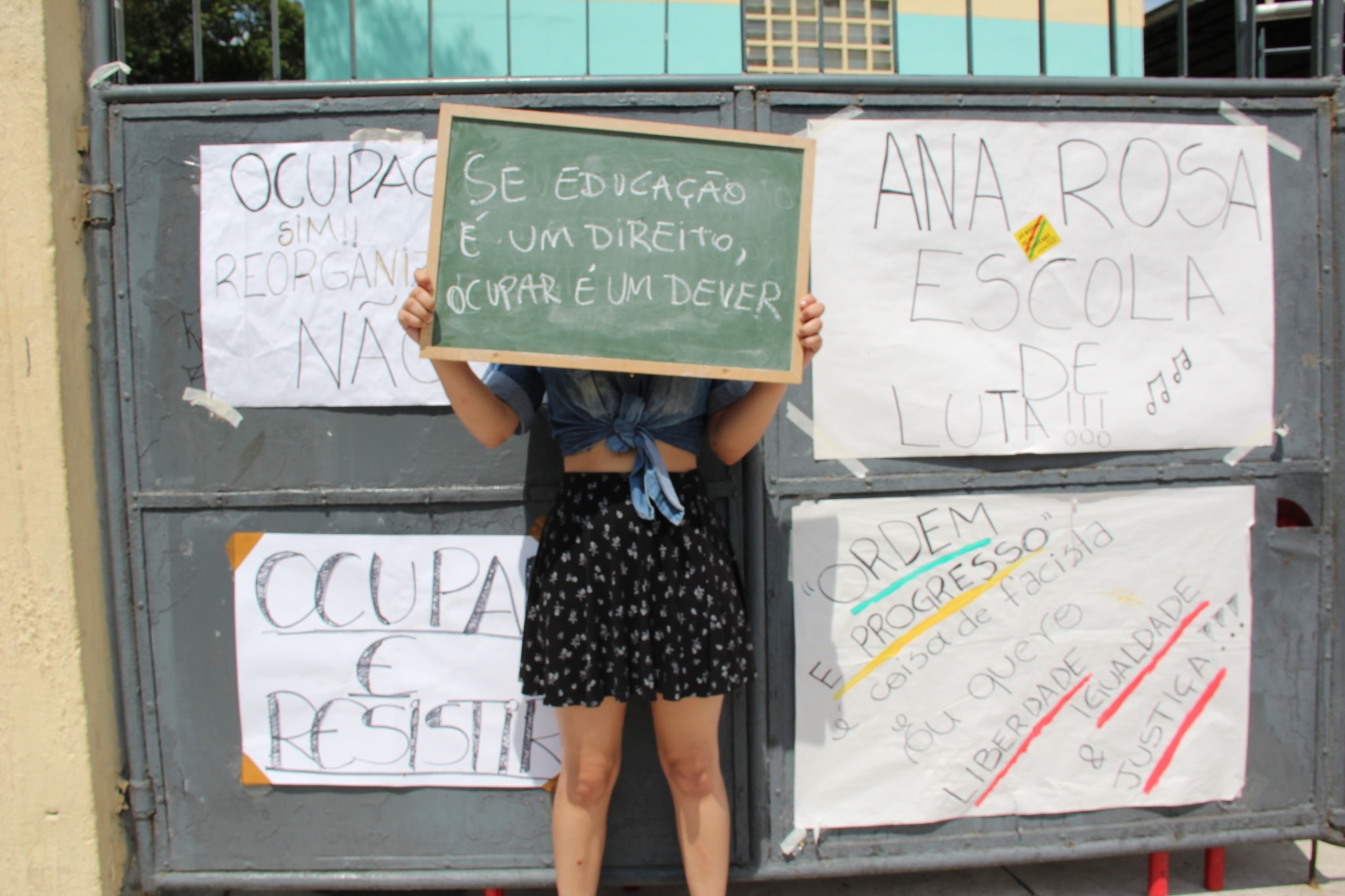 17.nov.2015 - I.L, 16 anos, protesta em frente a Escola Estadual Dona Ana Rosa de Araújo, localizada na Vila Sônia, zona oeste de São Paulo. Ela é contra a reorganização da rede pública de ensino proposta pelo governador Geraldo Alckmin (PSDB-SP). Com a reestruturação, os estudantes do ensino médio serão transferidos para outra escola e a Dona Ana Rosa passará a ter somente o ensino fundamental 2 (6º ao 9º ano) - Bruna Souza Cruz/UOL