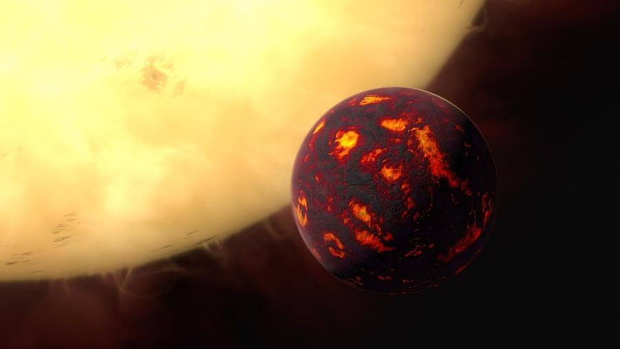 Representação artística do 55 Cancri e, o planeta onde chove lava, segundo hipótese estudada por cientistas - ESA/Hubble, M. Kornmesser