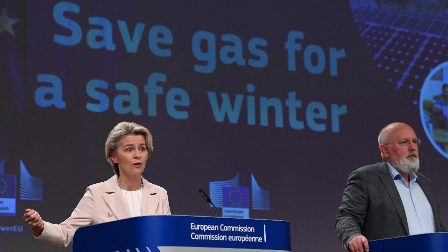 Presidente da Comissão Europeia, Ursula von der Leyen, faz anúncio de programa "Guarde gás para um inverno seguro", que propõe reduzir em 15% as demandas nos próximos meses - JOHN THYS/AFP