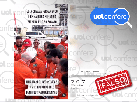 7.fev.2024 - É falso que Lula (PT) reinaugurou a refinaria Abreu e Lima, fechada no governo Bolsonaro (PL), como sugere um vídeo que viralizou nas redes sociais. - Arte/UOL sobre Reprodução Instagram