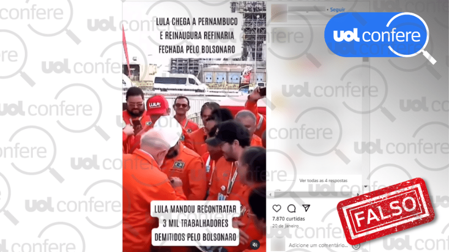 7.fev.2024 - É falso que Lula (PT) reinaugurou a refinaria Abreu e Lima, fechada no governo Bolsonaro (PL), como sugere um vídeo que viralizou nas redes sociais.
