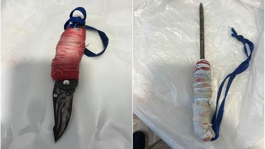 Canivete e punhal artesanal encontrados com presos da Penitenciária 2 de Presidente Venceslau