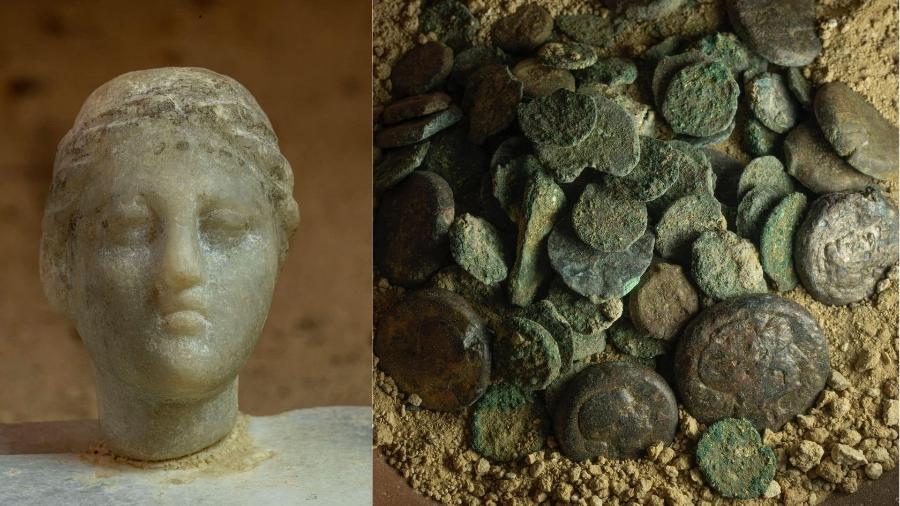 Mini busto seria uma representação da rainha Cleópatra VII; ao lado, moedas com imagens de Cleópatra VII encontradas no Egito