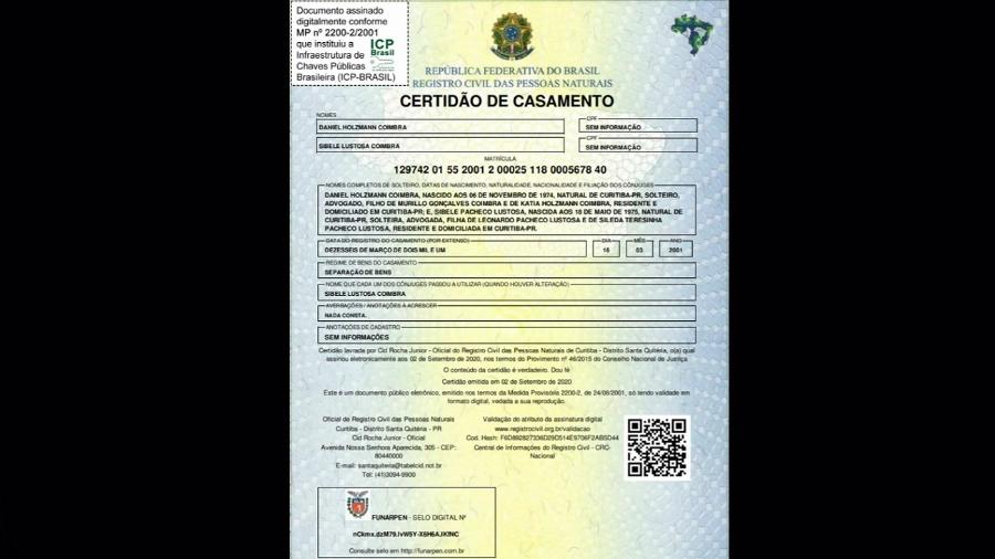 Certidão de casamento da juíza Sibele Lustosa, que me condenou, com Daniel Holzmann Coimbra, amigo e parceiro de Deltan Dallagnol em Curitiba - Reprodução