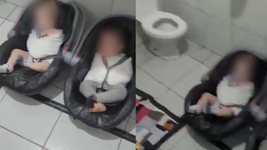Vídeos divulgados nas redes sociais mostram crianças amarradas dentro de um banheiro na escola Colmeia Mágica - Reprodução/Redes sociais