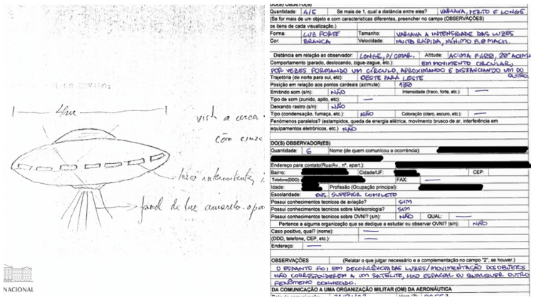 Ilustração faz parte do acervo do Arquivo Nacional (esq.); à direita, trecho de um reporte que faz parte do novo lote de documentos liberado pela FAB