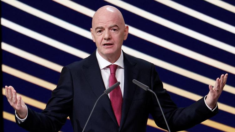 Infantino no 50º Congresso Ordinário da Uefa 12 de fevereiro de 2026 REUTERS/Benoit Tessier Infantino no 50º Congresso Ordinário da Uefa 12 de fevereiro de 2026 REUTERS/Benoit Tessier