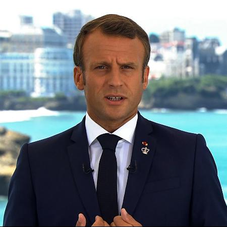Presidente da França, Emmanuel Macron, durante mensagem antes da abertura oficial do G7 - TF1 / AFP