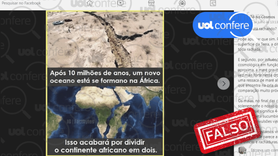 07.jul.2022 - É falso que continente africano esteja se dividindo em dois - Arte/UOL sobre Reprodução/Facebook