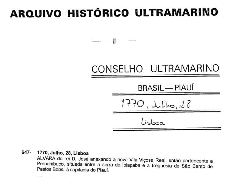 Capa de documento de 1770 anexado pelo Piauí em ação do STF contra o Ceará