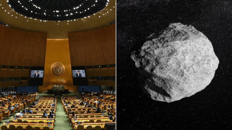 Assembleia Geral da ONU (esq.) e asteroide 2024 YR4 (dir.) Assembleia Geral da ONU (esq.) e asteroide 2024 YR4 (dir.)