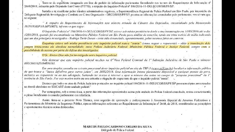 Documento enviado pela PF em que responde a parlamentares sobre inquérito de Alvaro Dias - Reprodução - Reprodução