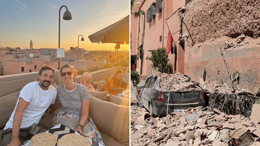 Fausto e Juliana passavam férias no Marrocos; à direita, carro danificado em Marrakech